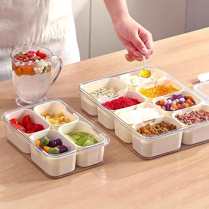 MineSign Divided Snackle Box with Handle Food Serving Tray Charcuterie Board with Lid Stackable Fruit&Veggie Container with 8 Small with Removable Boxes for Travel Snack Candy Nuts Spice