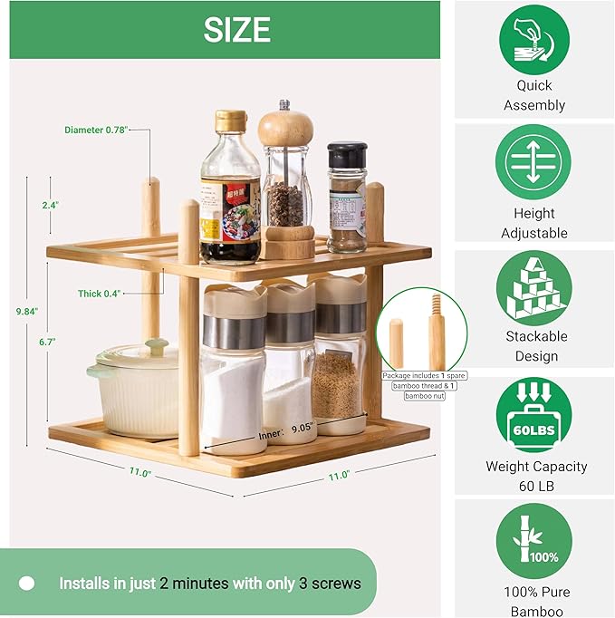 2-Tier Cabinet Organizer Shelf - Bamboo Corner Rack for Kitchen Counter, Cabinet Space Saver for Plates, Dishes, Bowls, Bread - Pantry and Bathroom Storage or Countertop(1, 6.7" H-Large)