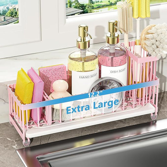 Cisily Extra Large Sink Caddy Organizer with Drying Stone, Pink Sponge Holder for Kitchen, Dish Brush Holder for Countertop, Kitchen Decor Storage and Essentials