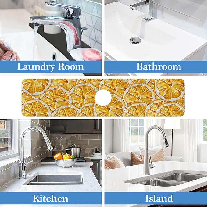 Yellow Fruit Lemon Faucet Mat Splash Guard Yellow Fruit Lemon, Soft Diatom Mud Material, Strong Water Absorption, Non-slip,Easy to Clean for Bathroom, Kitchen 23.5"X5.5"