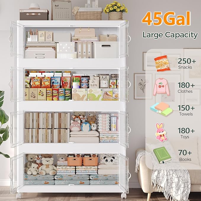 Atrasee 540QT Extra Large Stackable Storage Bins with Lid, 135Gal Collapsible Closet Organizer Box with Wheels, Folding Plastic Storage Cabinet with Doors for Home Bedroom Office Dorm, 3Pack White