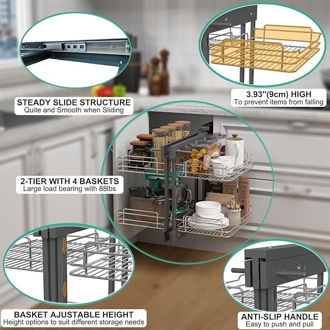 Blind Corner Cabinet Pull Out 2 Tier 4 Shelves Magic Corner Kitchen Cabinet Pull Out Shelf Organzier Soft Close Bottom Mount Min Opening 15in，Metal