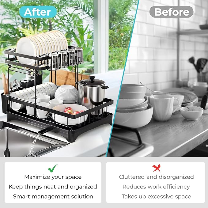 CEASIN 2 Tier Dish Drying Rack, Premium Alloy Steel Dish Drainer for Kitchen Counter, Drainboard & Cup Holder, Anti-Rust & Space Saving, Utensil Holder, Black Dish Drying Rack, 44.5x31.8x11.7