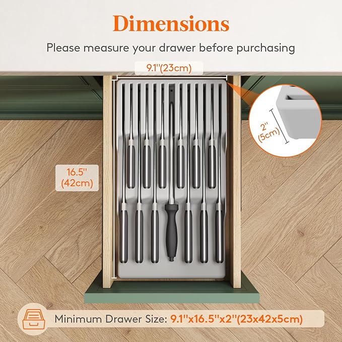 Lifewit Magnetic Drawer Knife Organizers Insert, Kitchen Plastic In Drawer Knife Block Slots, Steak Chefs Knives Holder Storage Sets for 12 Knives and 1 Sharpening Steel, Large, Gray