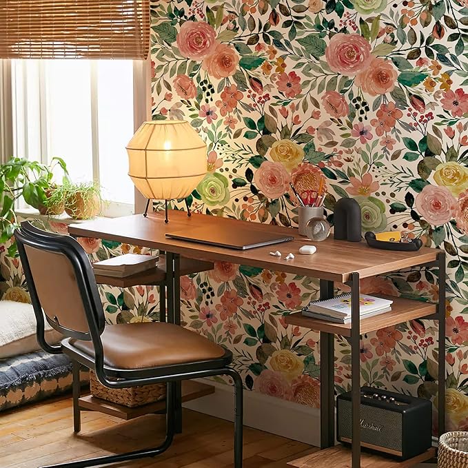 JiffDiff Floral Wallpaper Peel and Stick Pink Floral Wall Mural Removable Peony Roses Wallpaper Nursery Wall Decor (Camellia, 17.7" X 393.7")