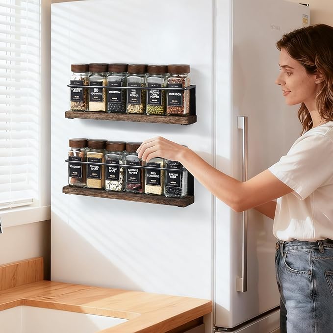 KitHero Wooden Lid Magnetic Spice Rack with 12 Jars, 216 Labels, 1 Steel Funnel for Refrigerator，Microwave Oven - Full Set of Spice Organizer