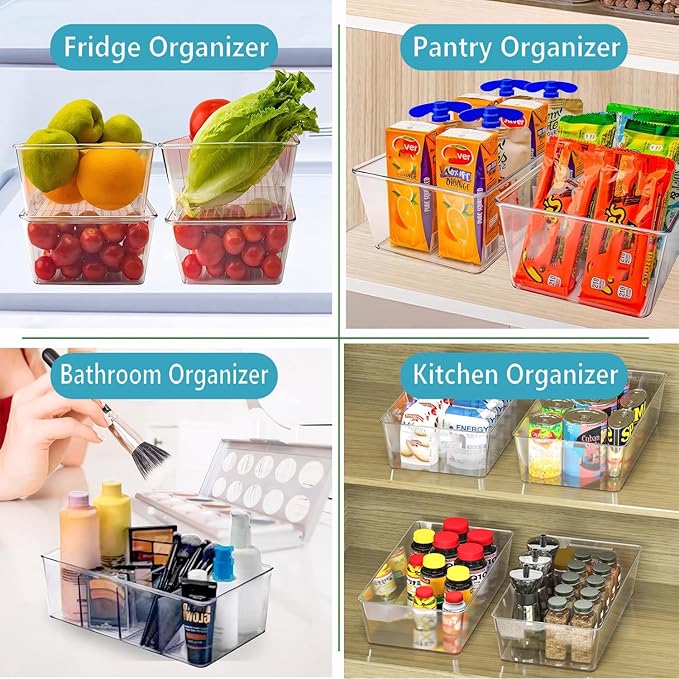 Set of 4 Clear Fridge Organizer Bins,2 Pack Stackable Refrigerator Organizer And 2 Pack Pantry Organizers and Storage with 3 Dividers,BPA-Free Spice Organization for Kitchen Cabinet