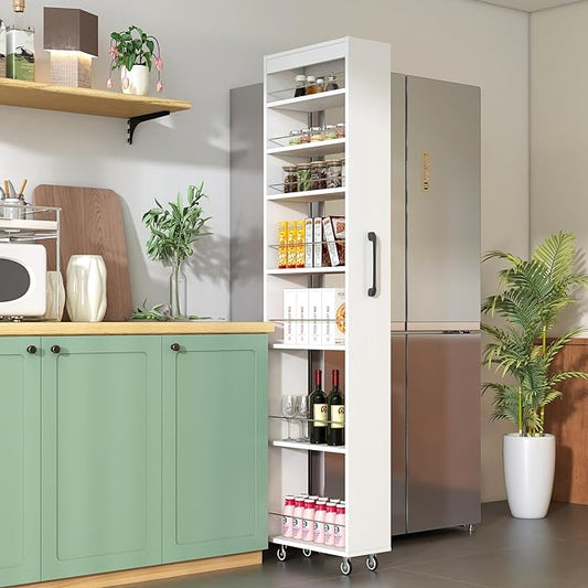 7 Tier Multi-Functional Pull-Out Storage Cart with Top, Single-Sided Open Shelf, Slim Kitchen & Living Room Organizer, Narrow Space Storage with Handle & Wheels, Pantry Shelf for Small Spaces