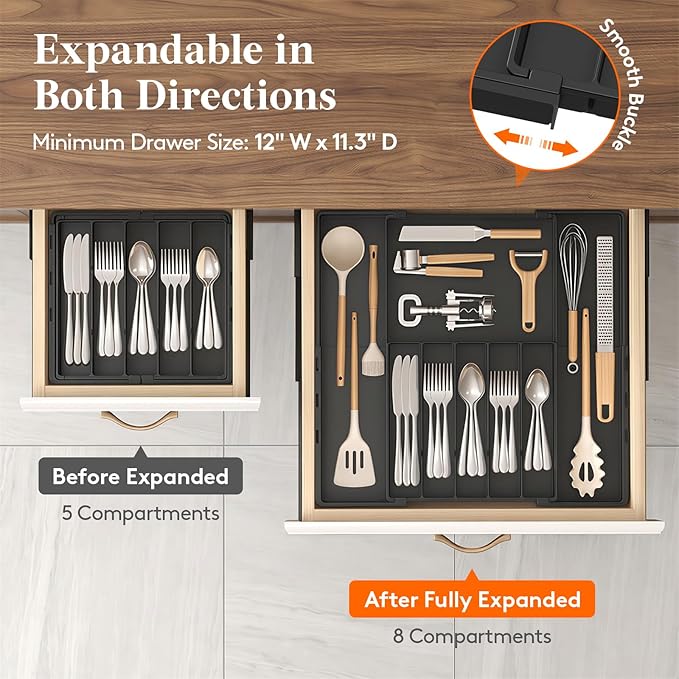 Lifewit Silverware Drawer Organizer, Expandable Utensil Tray for Kitchen, BPA Free Plastic Flatware and Cutlery Organizer, Adjustable Storage for Spoons Forks, Fits 12-20.5x11.3-19.3x1.7 Inch, Black
