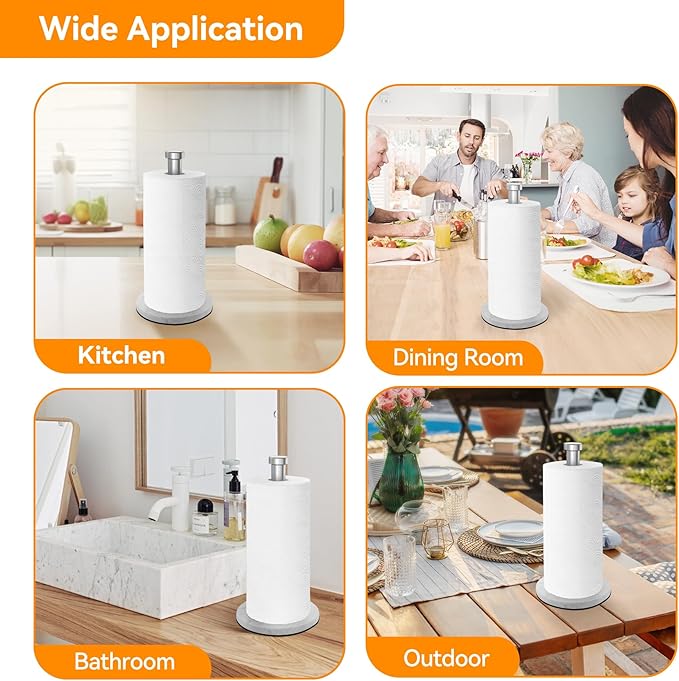 Paper Towel Holder Countertop, Kitchen Paper Towel Roll Holder for Bathroom Kitchen, Stainless Steel Paper Towel Holder with Weighted Marble Base for One-Handed Operation (Silver)