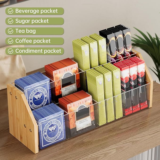 NiHome 2-Tier 8 Compartments Drink Packet Organizer, Bamboo and Clear Acrylic Storage Rack for Tea Bags, Sugar Packets, Flavor Mixes, Seasoning Sachets, Easy Access & Space-Saving Countertop Organizer