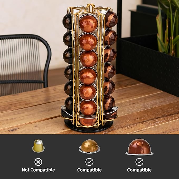 35 Coffee Pods Holder - Golden - 360° Spinning Coffee Pod Carousel Stand | Holds 35 Capsules | Compact Countertop Organizer with Silent Rotation, Durable & Modern
