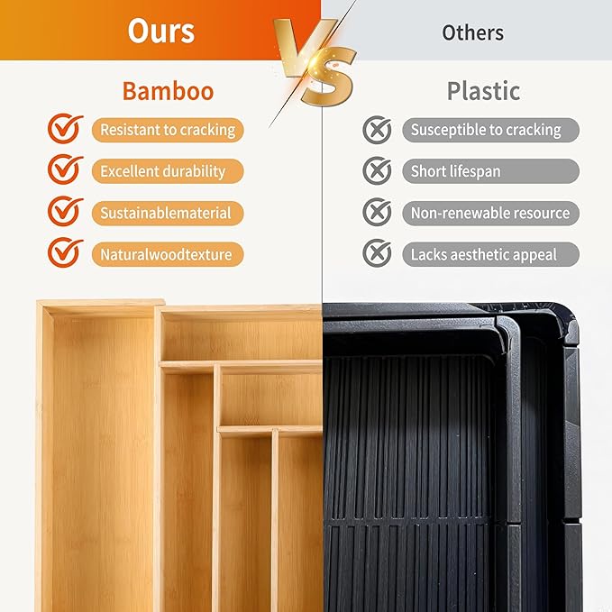 Bamboo Expandable Drawer Organizer for Utensils Holder, Wood Drawer Dividers for Silverware, Flatware, Knives in Kitchen, Bedroom, Living Room