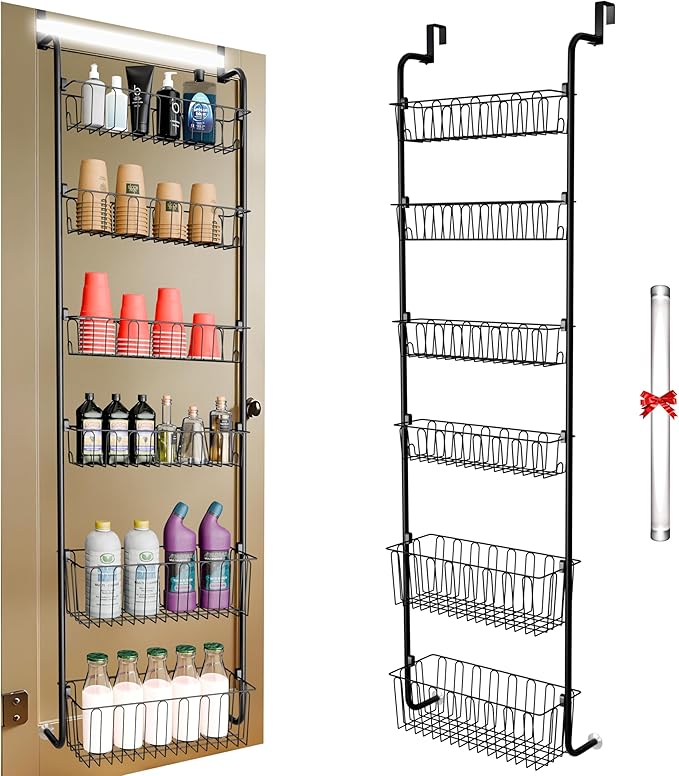 Over Door Organizer Storage - 6 Tier Black Metal Over The Door Pantry Organizer Heavy Duty Hanging Storage Rack, Behind Cabinet Shelves for Home, Kitchen, Bathroom, Closet, Pantry