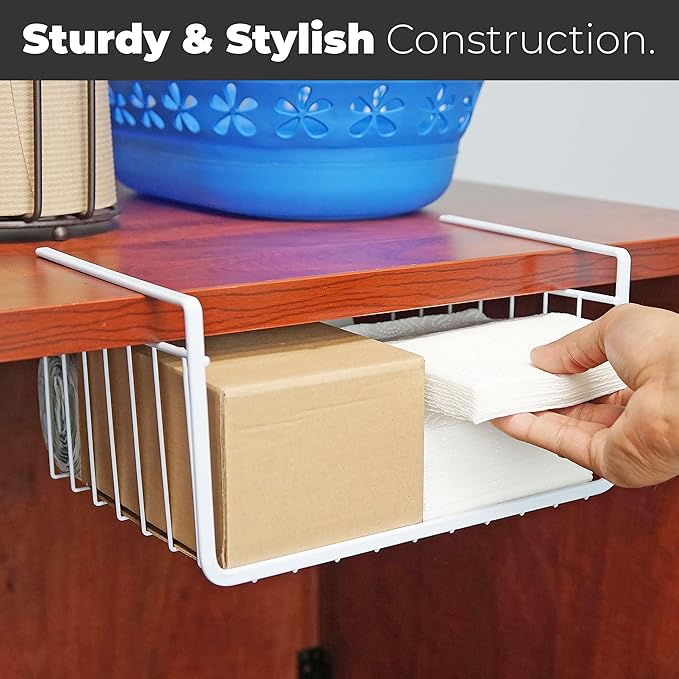 Southern Homewares White Wire Under Shelf Storage Basket Set - Piece Under Cabinet Hanging Storage for Kitchen, Pantry, Organization, Pack of 2