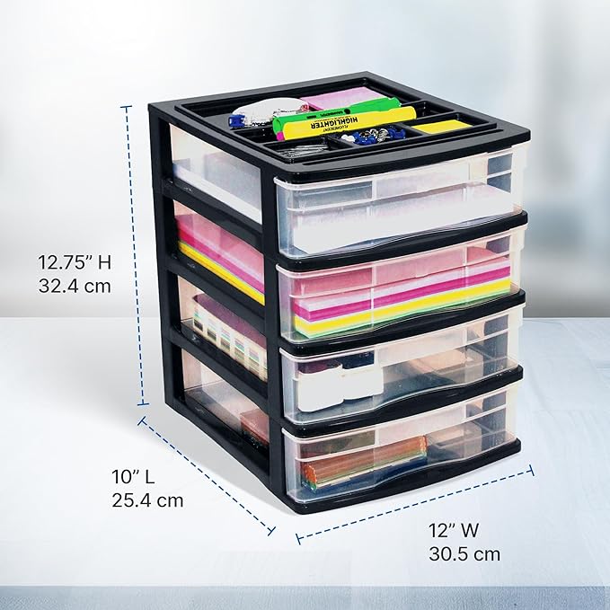 Gracious Living 4 Drawer Desktop & Countertop Organizer w/Organization Lid for Craft Storage, Office Supplies & School Supplies, Black/Clear (3 Pack)