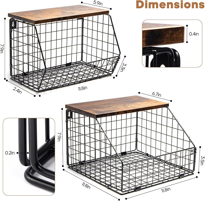 Kitchen Storage Baskets Fruit and Vegetable Baskets for Kitchen Countertop, 2 Sets Wire Wall Fruit Basket, 2 Tiered Hanging Produce Onion Potato Storage Snack Door Pantry Organizer