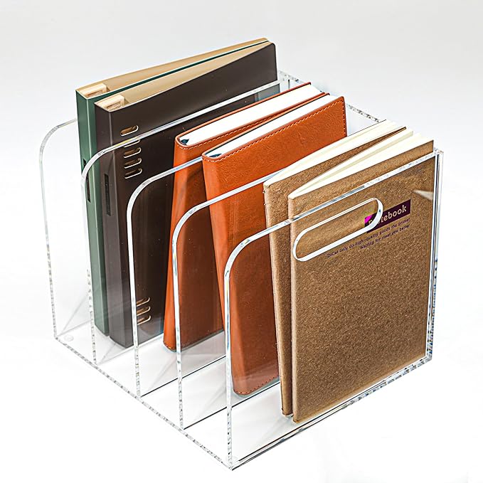 4 Vertical Compartments Clear Acrylic Magazine & File Holder – Multipurpose Desk Organizer for Office, Tablets, Magazines, Books – Documents/Home/Classroom Rack