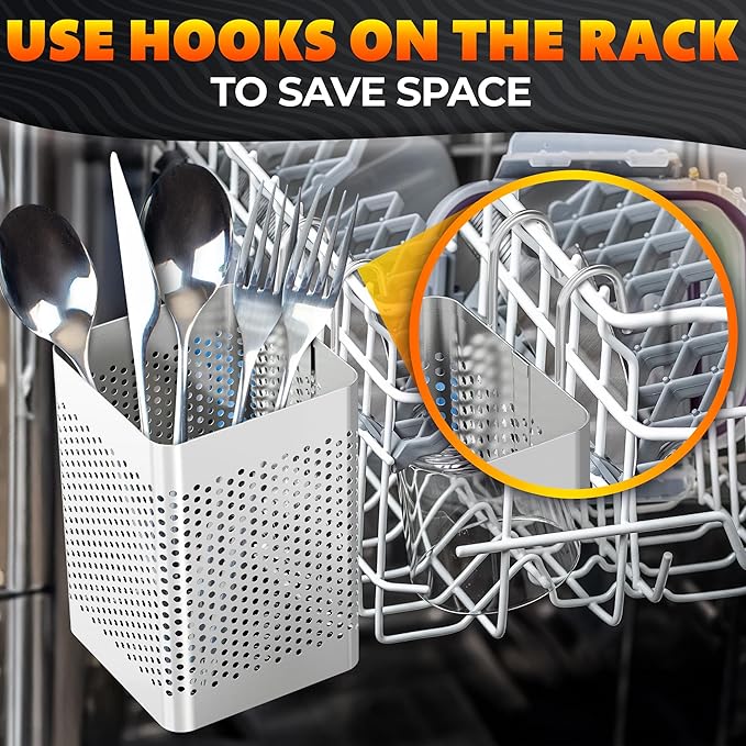 Dishwasher Chopstick Basket – 2.87" x 2.87" x 4" Stainless Steel Utensil Holder | Rust-Resistant Perforated Caddy with Hooks for Organizing Chopsticks, Straws, Teaspoons, and Small Kitchen Tools