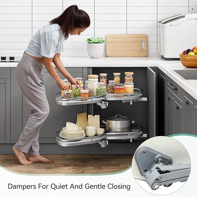 YITAHOME 32" Blind Corner Pull-Out Organizer, Soft-Close Swing-Out 2-Tier Height-Adjustable Lazy Susan, Left Swing Pull Out Organizer, Gray