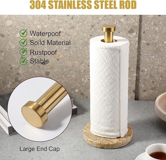 Koville Paper Towel Holder Countertop, Standing Paper Roll Holder with 6" Weighted Marble Base, Stone Paper Towel Holder with Gold Stainless Steel Rod for Kitchen Bathroom (Golden River)