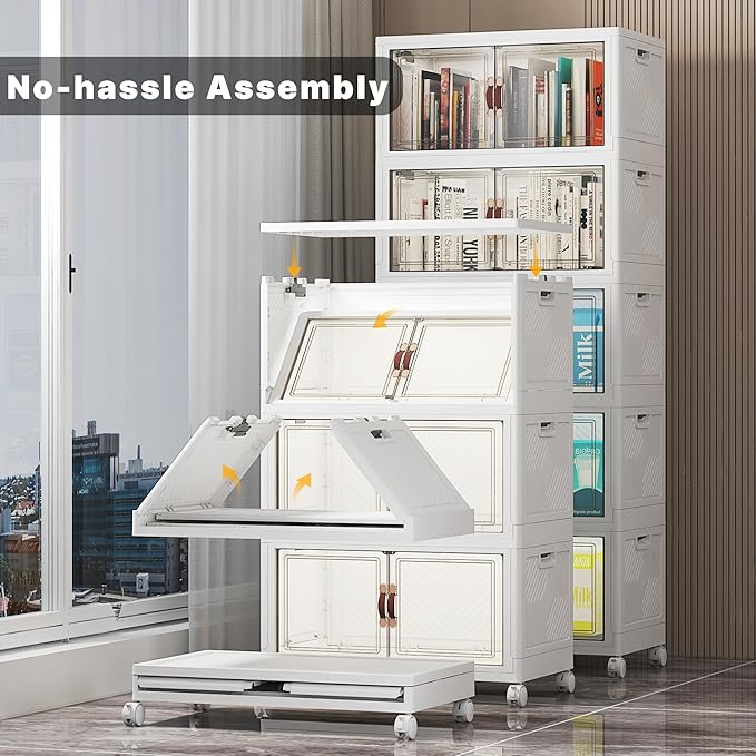Stackable Storage Bins with Lids, 260QT Closet Organizers and Storage with Doors and Wheels, Extra Large Storage Cabinet, Collapsible Plastic Drawers for Bedroom Dorm Office Garage
