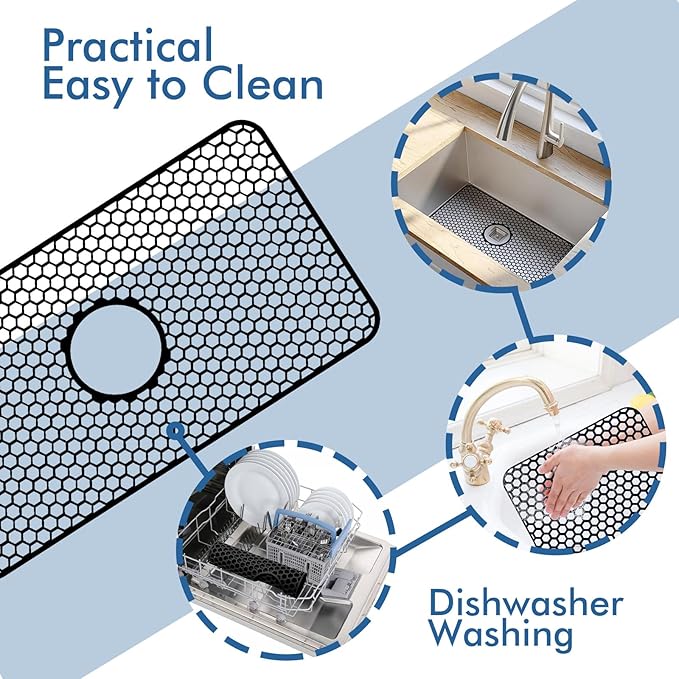 Bestjing Silicone Sink Mat - 24.8''x13'' Sink Protector for Kitchen Sink with Center Drain - Kitchen Grid Accessory, Non-slip Heat Resistant Mat for Bottom of Farmhouse Stainless Steel (Center Hole)
