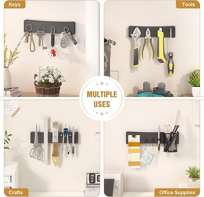 Magnetic Knife Holder for Wall, 10" Acacia Wood No Drill Knife Magnet Strip Use as Tool Key Storage Knife Bar, Powerful Wall Mounted Magnetic Knife Rack for Refrigerator & Kitchen Utensil Organizer