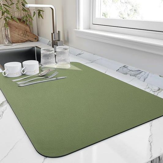 Dish Drying Mat for Kitchen Counter, Heat Resistant Drainer Mats with Non-slip Rubber Backed, Hide Stain Kitchen Super Absorbent Draining Mat, Easy to Clean Dish Rack Pad, Green 16"x18"