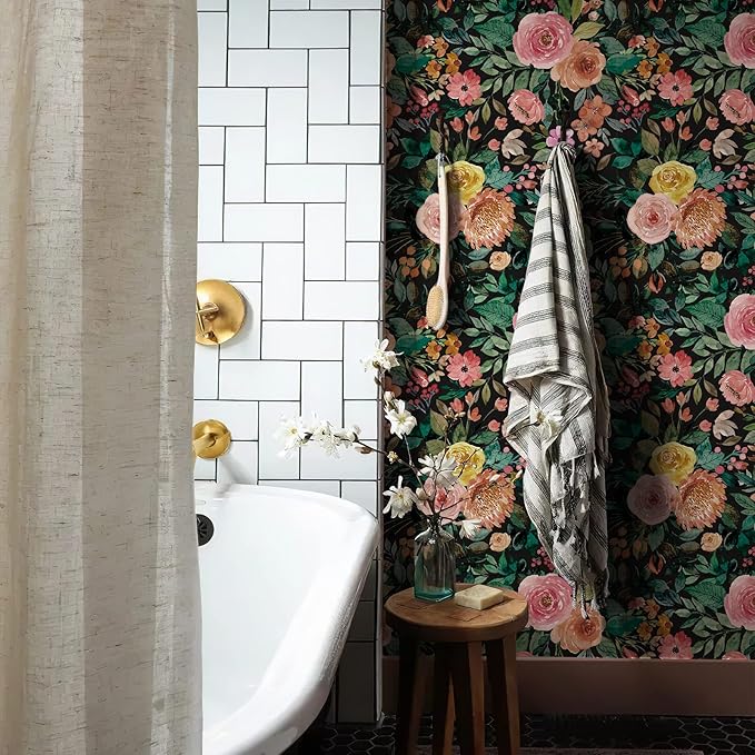 JiffDiff Blooming Floral Wallpaper Peel and Stick Pink Impressionist Floral Wall Mural Peony Roses Wallpaper Nursery Wall Decor (Black-Camellia, 17.7" X 393.7")