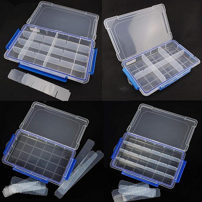 Kamay's XL Heavy Duty Adjustable 24 Compartment Slot Plastic Craft Storage Box with O-Ring Seal 3 Thick Snap Locks Ideal for Small Items(14 * 8.9 * 2inch)