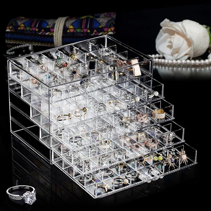 yarlung Acrylic Jewelry Storage Box Earring Holder with 5 Drawers, 120 Grids Jewelry Organizer Tray Clear Ring Display Case for Beads, Nail Tips, Women Girls, Birthday Gift