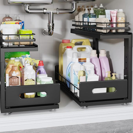 2 Pack 16.7 IN Depth Under Sink Organizer with Smooth Ball Bearing Slides,2-Tier Pull Out Cabinet Storage,Slide Out Drawers for Bathroom&Kitchen,Rust-resistant Coating,Height Adjustable-Black