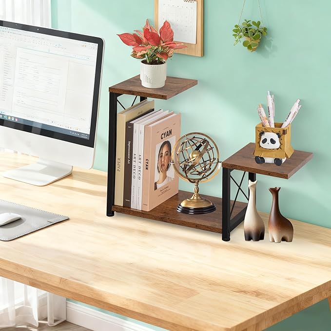 Desk Shelf Organizer, 3 Tier Storage Shelf Riser Display Stand, Wood Desktop Organizer Small Bookshelf, Desktop Shelf for Office Decor and Desk Accessories,Rustic Brown Black