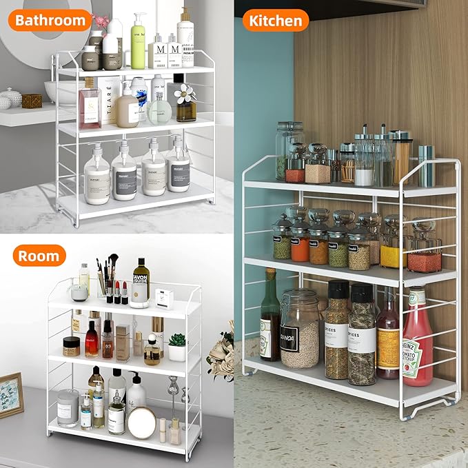 Bathroom Countertop Organizer, 3-Tier Bathroom Counter Organizer, 8-Levels Height Adjustable, Bathroom Organizer for Kitchen, Livingroom, Office Storage, Metal White