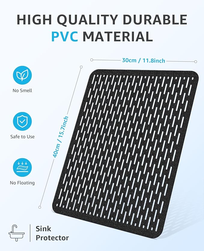 Bligli Mesh Sink Mat, 15.7 x 11.8inch Sink Prtector Mats for Kitchen Sinks, PVC Eco-Friendly Sink Protectors for Bottom of Sink, Fast Draining, Easy Cleaning, Black