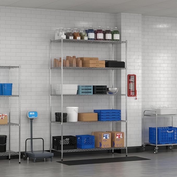 Commercial NSF Listed Chrome Stationary Wire Shelving Kit 24" x 60" x 96", with 5 Shelves Perfect for Warehouse, Walk-in Refrigerator, Freezer, Grocery Store, Restaurant, Dishroom