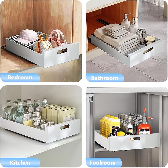 21'' Deep Pull Out Cabinet Organizer Adhesive, 10-Inch Wide Sturdy Carbon Steel Cabinet Drawers Slide Out, Pantry Storage Shelves for Kitchen, Bathroom and Living Room
