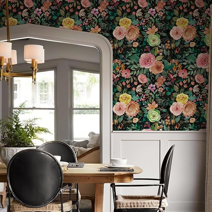 JiffDiff Floral Pattern Self-Adhesive Contact Paper, Oil and Water Resistant Drawer Liner Wallpaper for Dresser, Kitchen Cabinets, Dollhouse Walls, Arts & Crafts Decal(17.7" x 118.11",Black)