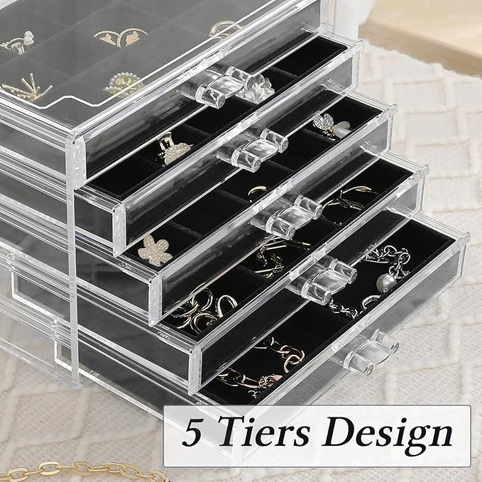 misaya Earring Jewelry Organizer with 5 Drawers, Birthday Present, Clear Acrylic Jewelry Box for Women, Velvet Earring Display Holder for Earrings Ring Bracelet Necklace, Black