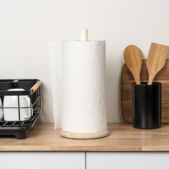 happimess PRH2000C Avery Modern Classic Metal with Non Slip Weighted Marble Base Paper Towel Holder, for Bathroom Kitchen Countertop, Standard or Jumbo-Sized Roll Paper, Beige/White