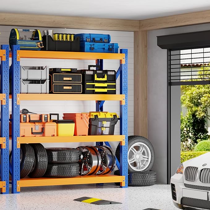59" W Garage Shelving 3000LBS Garage Shelving Heavy Duty 4-Tier Metal Storage Shelves Adjustable Shelf Unit Storage Rack for Basement Supermarket Warehouse 59" W x 24" D x 78" H Blue-Orange