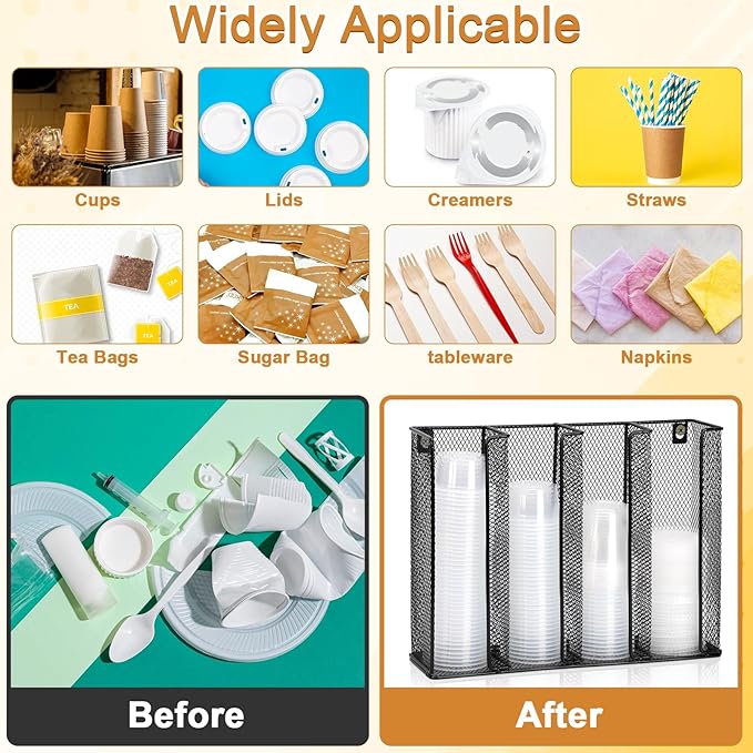 Wall Mount Portion Sauce Cup Lid Organizer 4 Compartments Iron Sauce Cup Dispenser Black Cup and Lid Holder Organizer Fits Cups Size 2 to 5.5 oz For Kitchen Counter Restaurant Coffee Bar 13x10x3.3 In