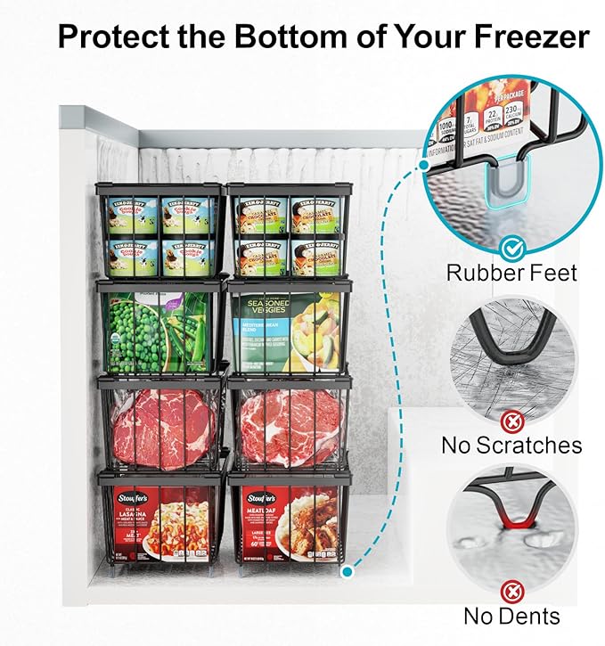 iSPECLE Freezer Storage Bins - 6 Pack Small Stackable Deep Freezer Organizer Bins for Most 7 Cu.FT Chest Freezer Sort Frozen Food, Freezer Basket with Handles Easy to Get Food from Bottom, Black