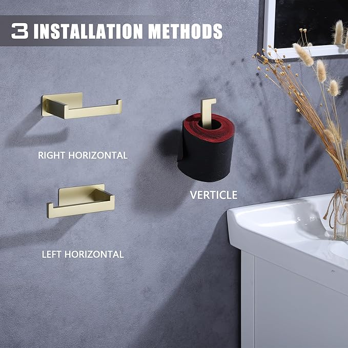 LANC Gold Toilet Paper Holder, Self-Adhesive Toilet Roll Holder Wall Mounted for Bathroom RV, Stick On Tissue Roll Holder with No Drilling Rustproof Stainless Steel,Brushed Gold, A8307BG