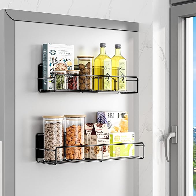Mystozer 2 Pack Magnetic Spice Rack Organizer, Space Saver for Refrigerator and Microwave Oven, Magnetical Fridge Shelf for Jars, Seaoning, tins and Utensils Black