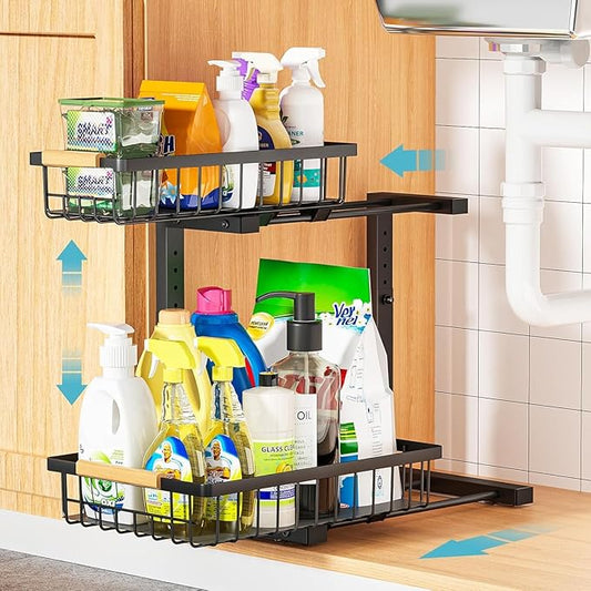Liuoud Under Sink Organizer Storage 1 pack, 2 Tier Slide Out Height Adjustable Pull Out Cabinet Organizer Drawers, Kitchen Bathroom Large Capacity Metal Under Sink Rack Caddy Basket Shelves, Black