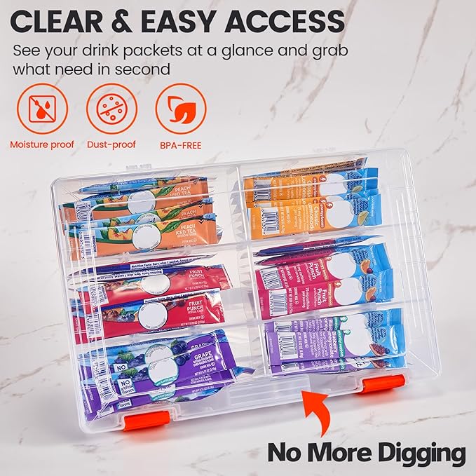 MIMORE Drink Packet Organizer - Water Drink Packet Holder with Lid - Stackable Water Packet Organizer for Drawer, Cabinet or Pantry - Removable Divider