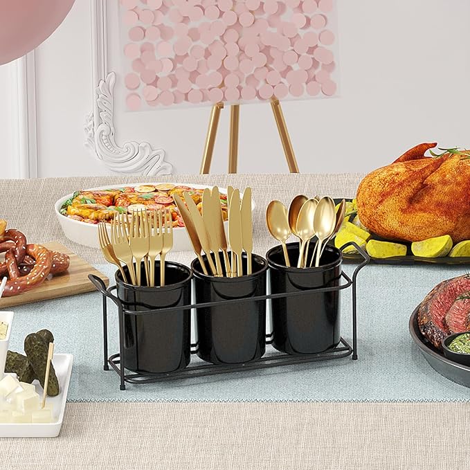 Lifewit Plastic Silverware Caddy with Metal Rack, Utensil Holder for Party, Cutlery Flatware Organizer for Kitchen Countertop, Forks Spoons Knives Storage for Picnic Camping Outdoor Buffet, Black