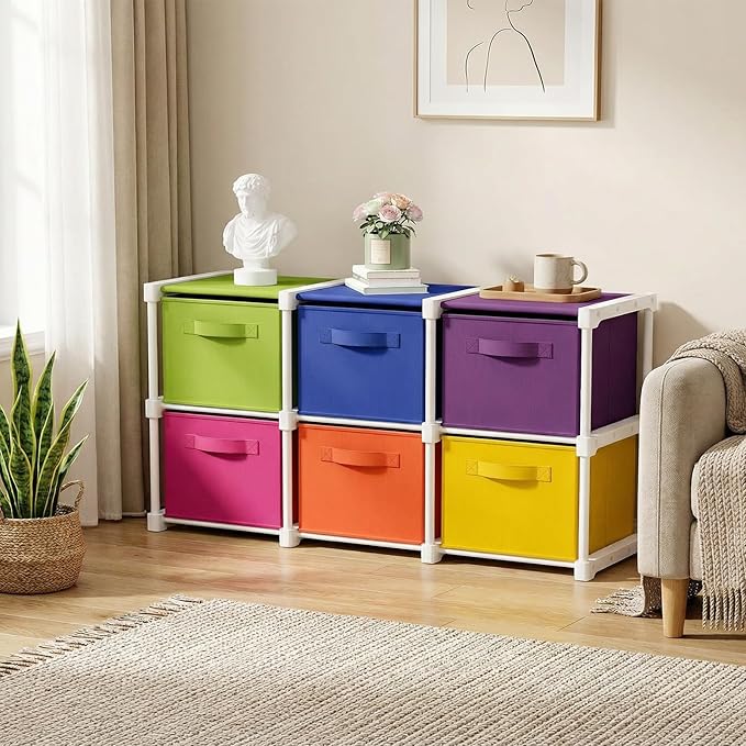 Thyle Large Cube Storage Organizer Shelf with 6 Bins 14 Inch Fabric Collapsible Cubby Storage Drawers Shelving Unit for Christmas Ornaments Clothes Toys Craft(Rainbow,Colorful)
